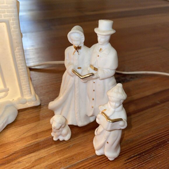 White Porcelain Lighted Church Gold Trim Christmas Carolers Tree 6 pc Set - Picture 3 of 13